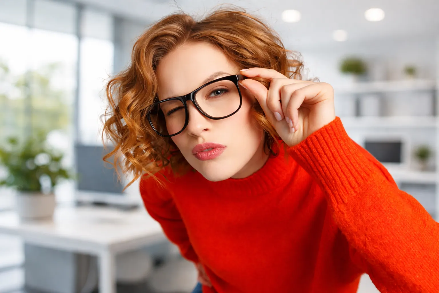 Frau mit Brille und rotem Pullover zwinkert in die Kamera
